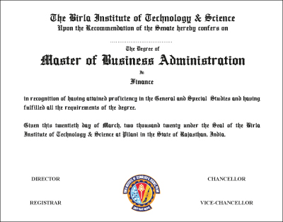 The Degree of Master of Business Administration in Finance